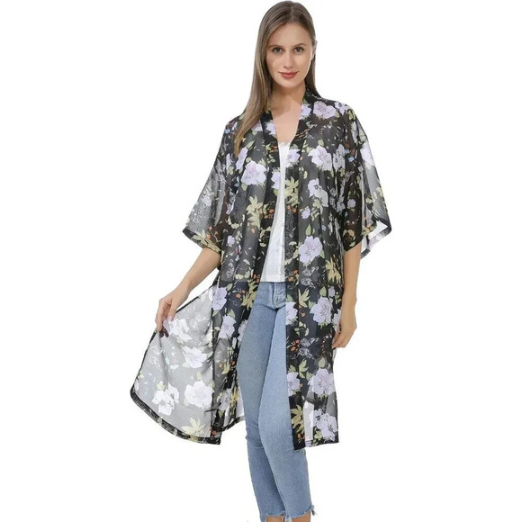 Women’s Chiffon Kimono Bathing Suit Cover Up Open Front Duster Kimono Dress - Picture 3 of 5